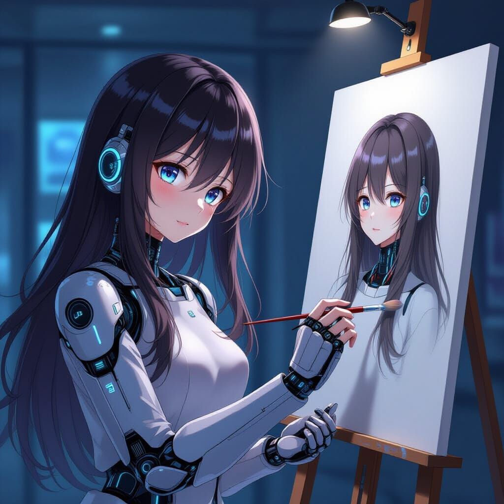 Futuristic Anime Robot Girl Paints Self-Portrait