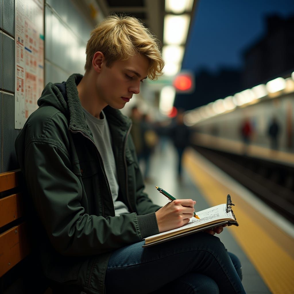 Young Man Sketches on Busy Subway Platform