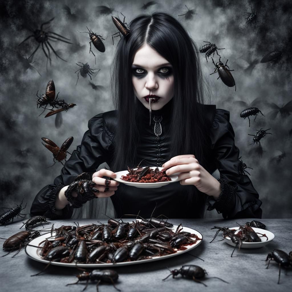 Goth Girl's Insect Feast: Realistic Photography