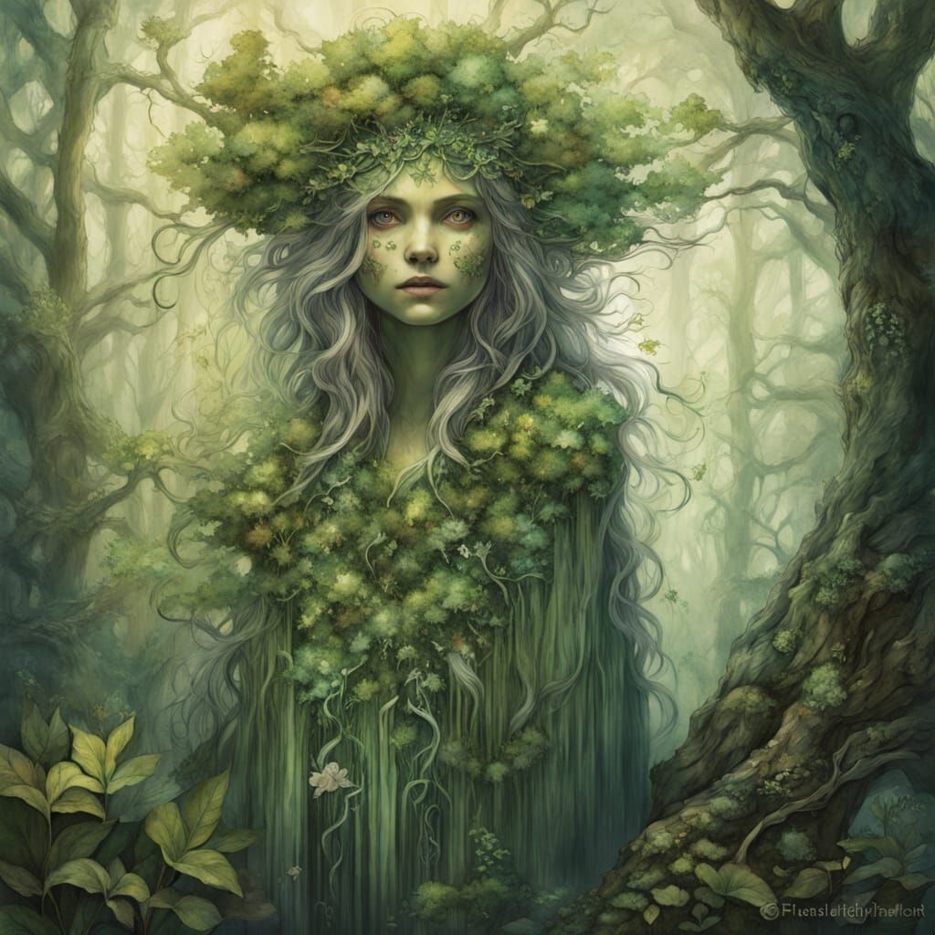 Mystical Fey Woman Blends Into Deep Forest