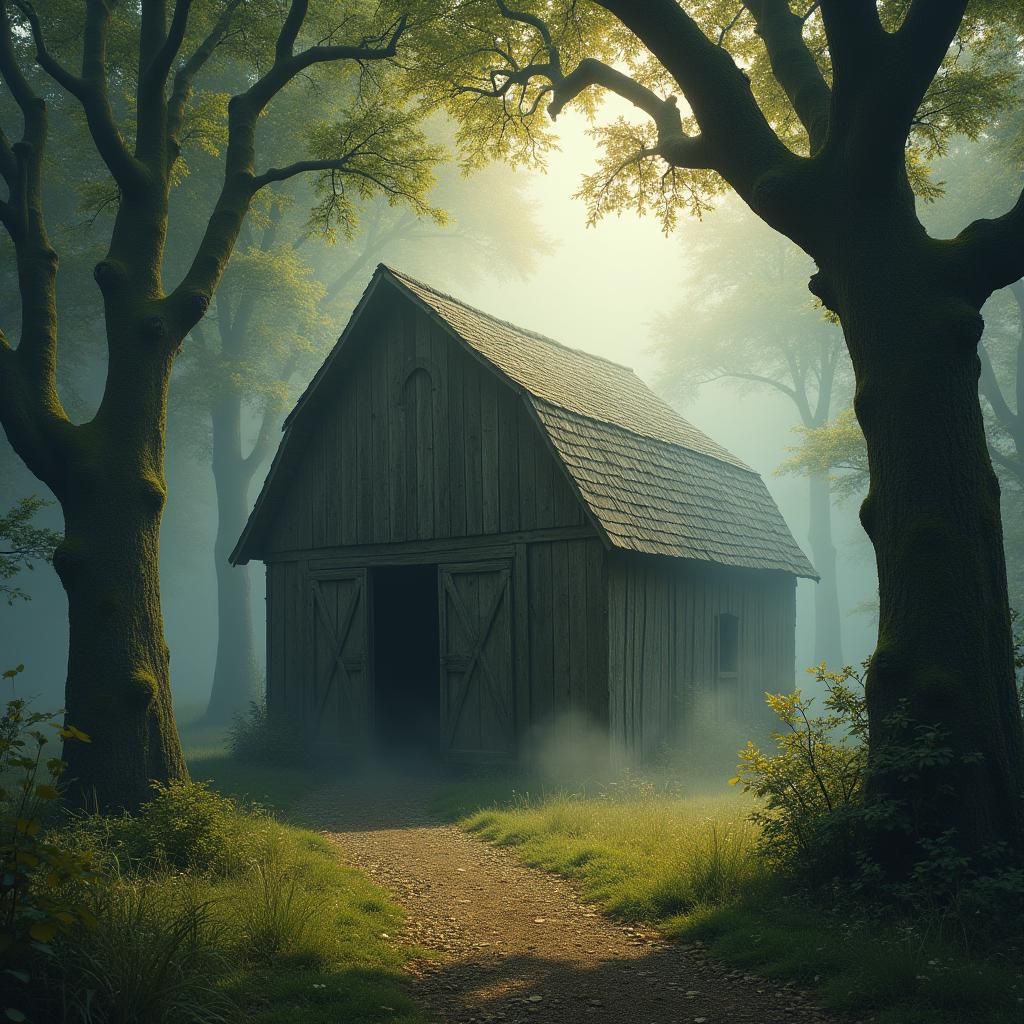 Mystical Abandoned Barn in Ethereal Mist