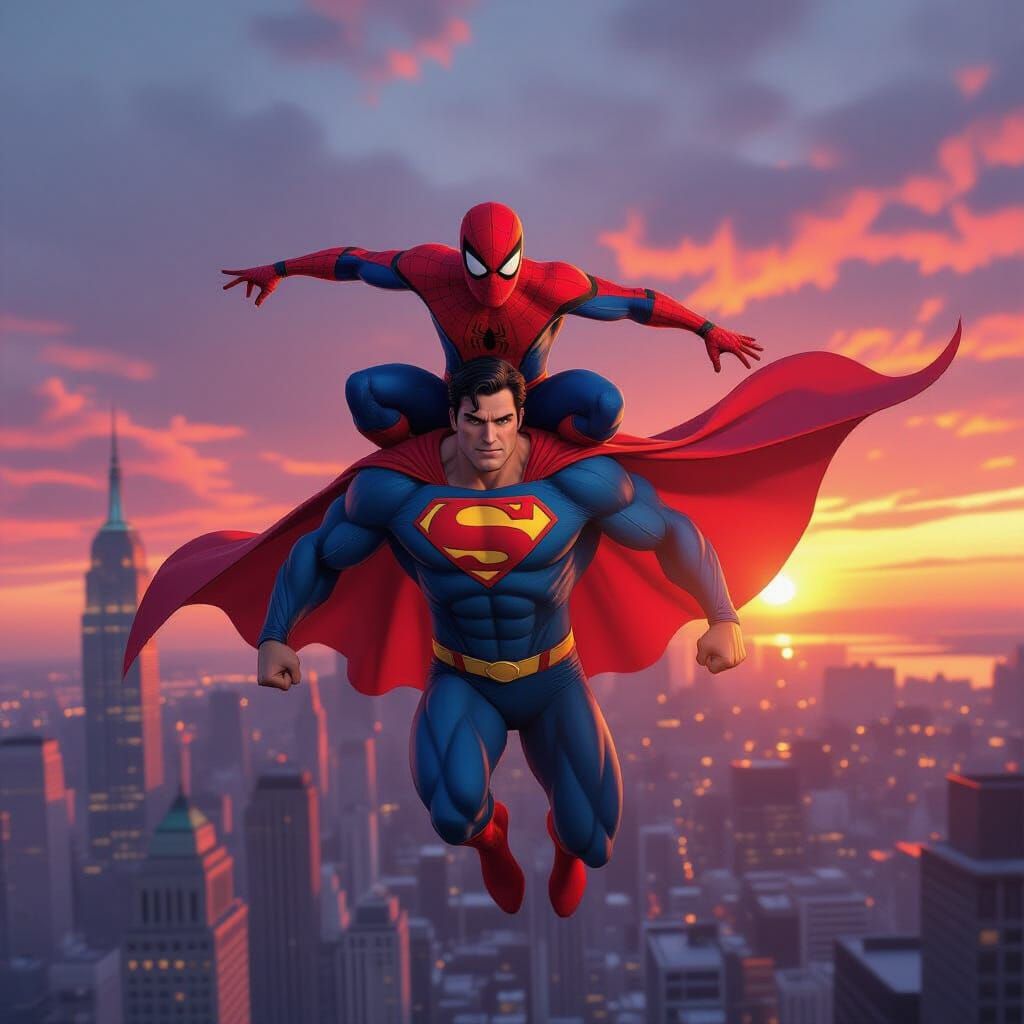 Superman and Spider-Man Fly Over Cityscape at Sunset
