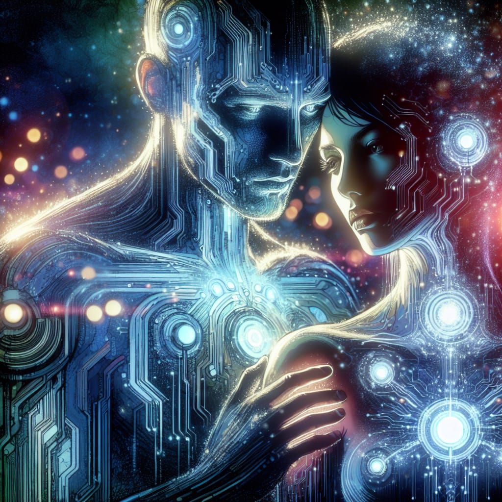 Holographic Man Cradling Cybernetic Woman: Digital Watercolo...