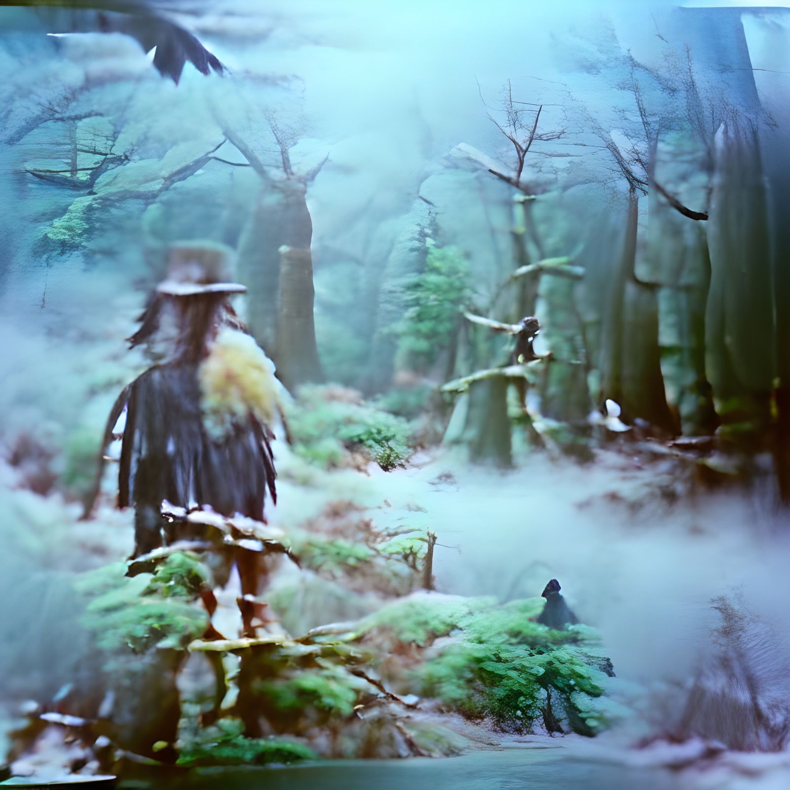 Surreal Half-Man, Half-Crow in Misty Forest
