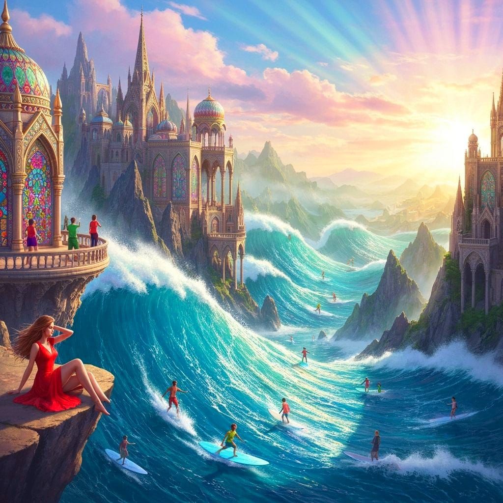 Surreal Fantasy Landscape: Ocean Waves Through Mountains