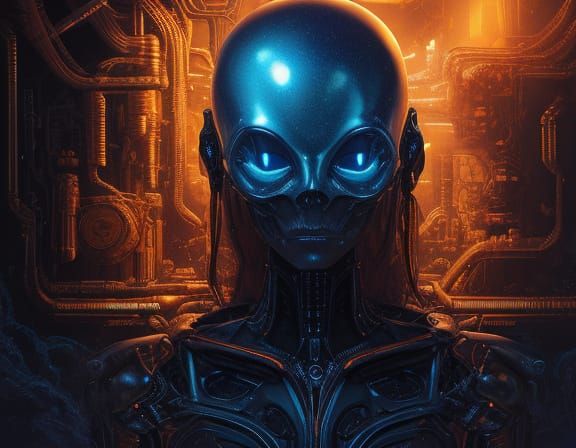 Surreal Alien Tinker in Dark Room: Oil Painting