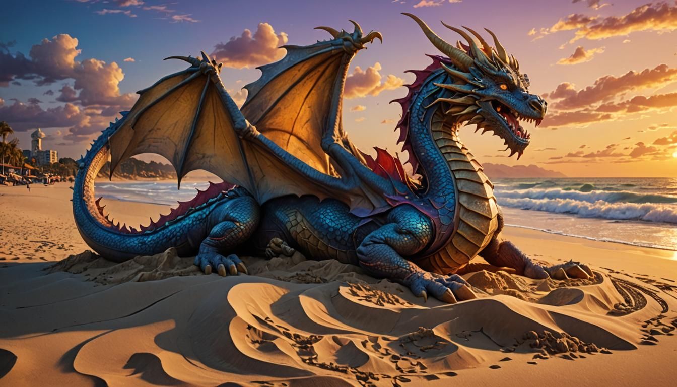 Sand Dragon Sculpture on a Sunset Beach