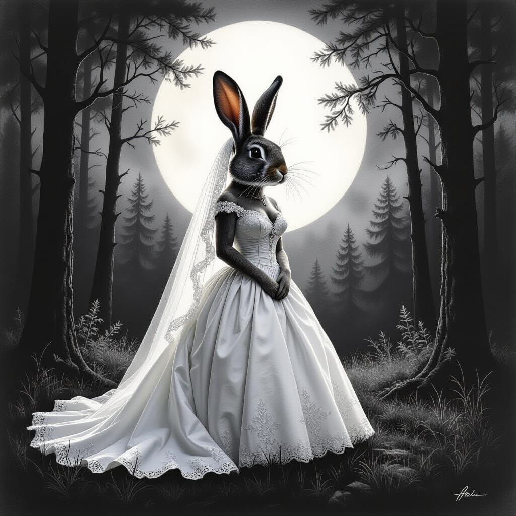 Majestic Rabbit Bride in Moonlit Forest Charcoal Drawing
