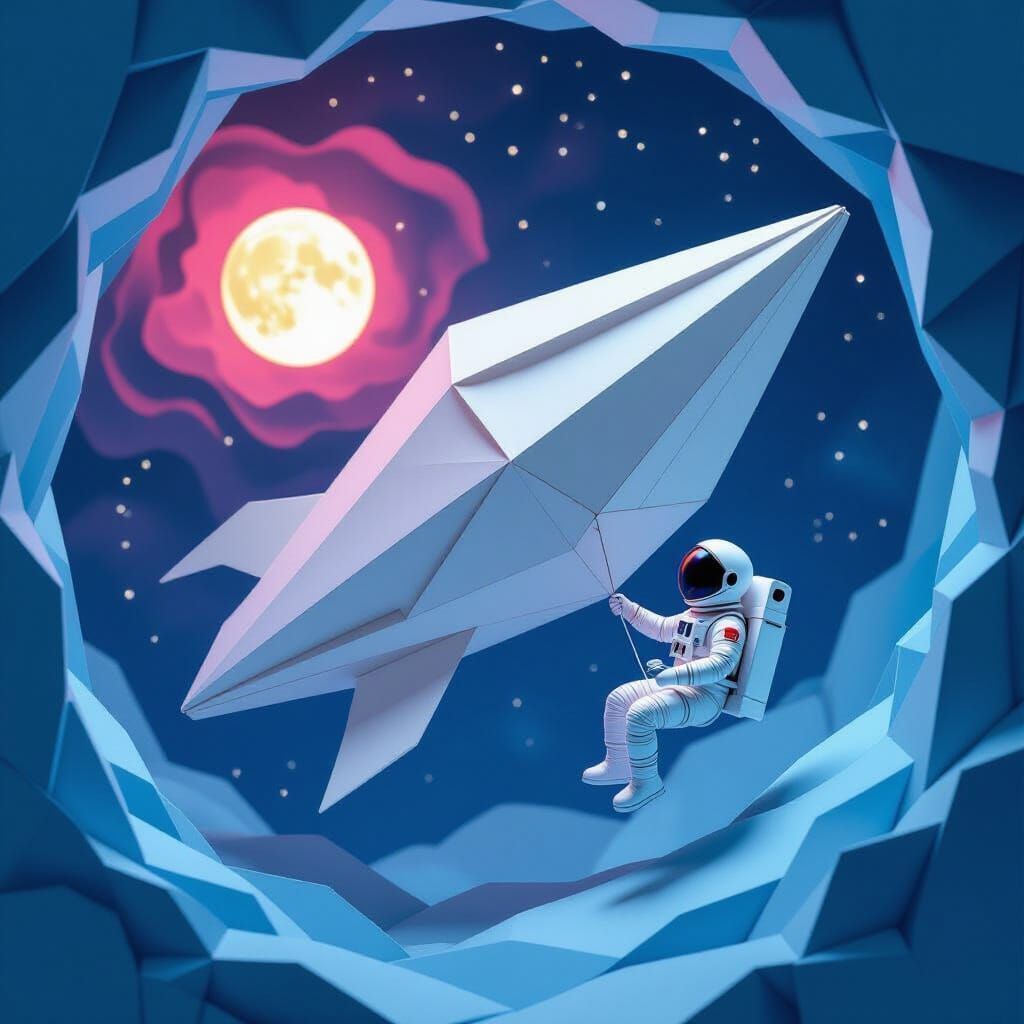 Astronaut and Paper Spaceship in Cosmic Diorama