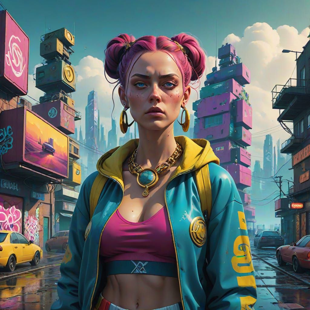 Regal Chav Goddess Empowers Mystical Cityscape