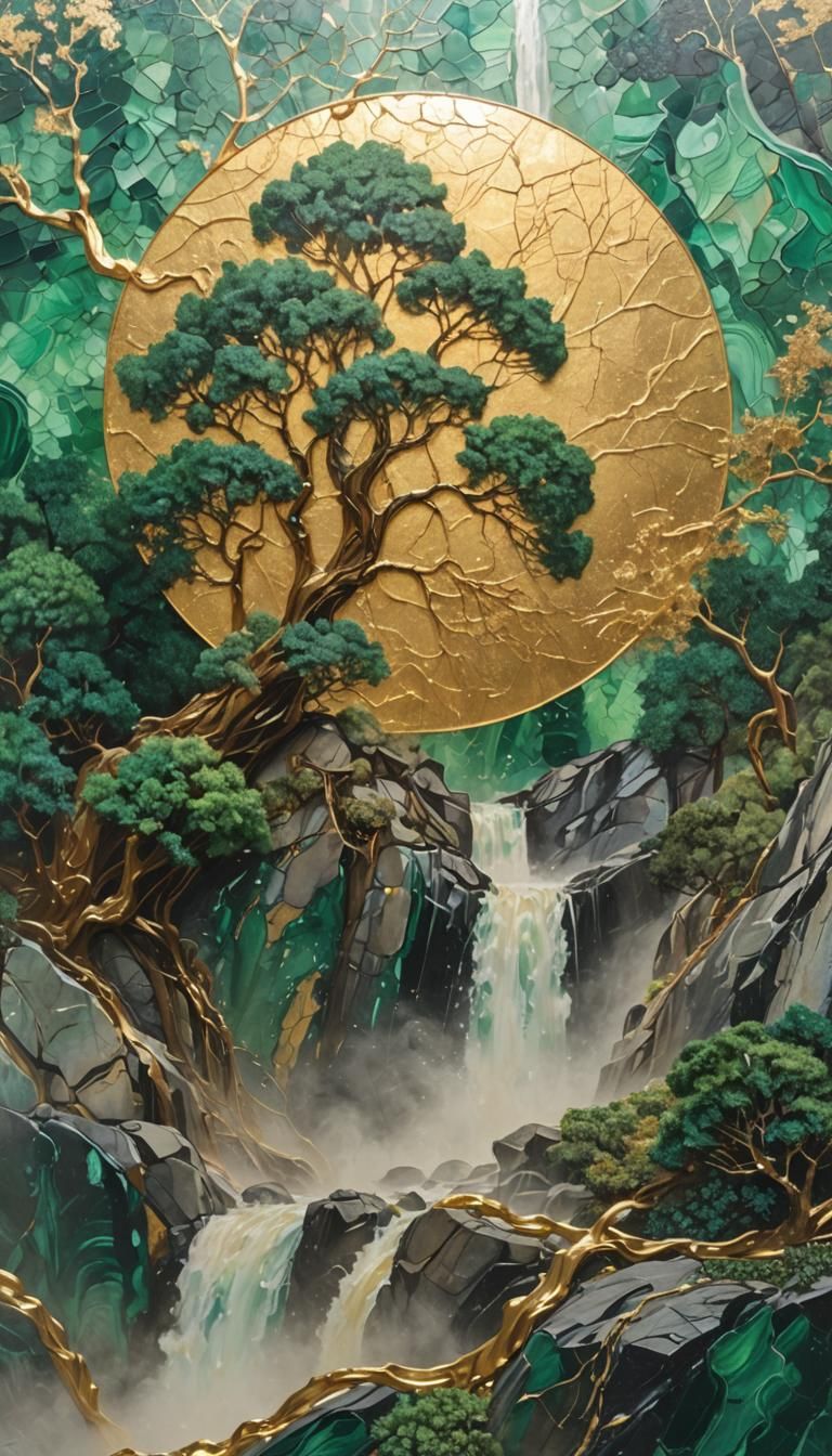 Yosemite Kintsugi Falls, combines gold, malachite, jade and ...