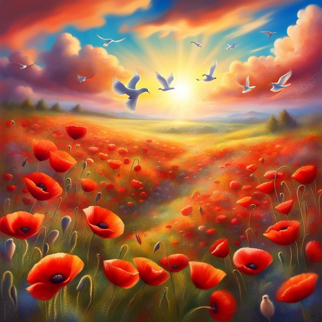 Glowing Poppy Meadow Illustration with Doves