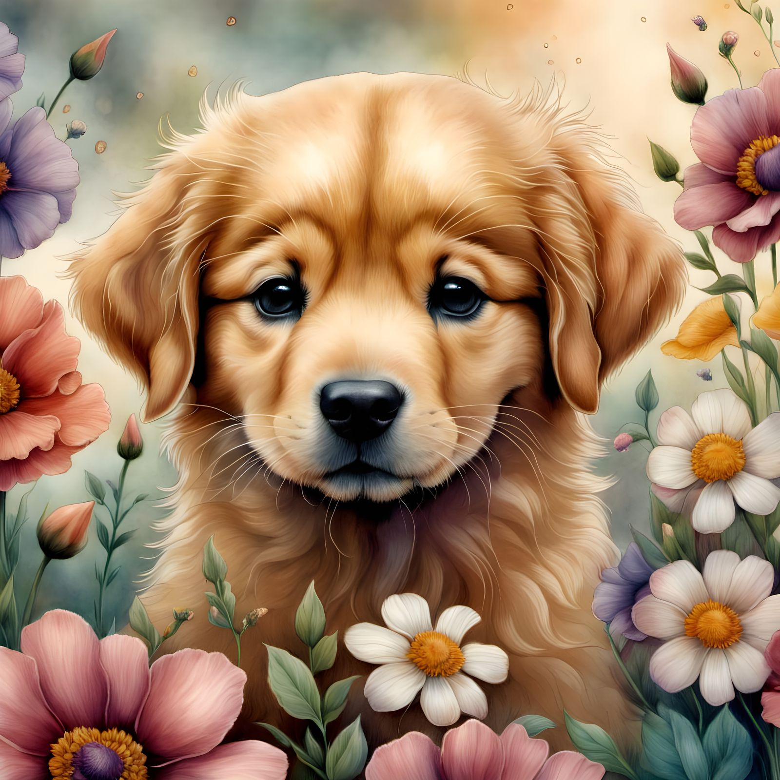 Joyful Golden Retriever Surrounded by Vibrant Blooms in a De...