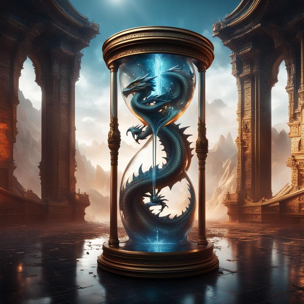 Hourglass Dragon Double Exposure in Matte Painting Style