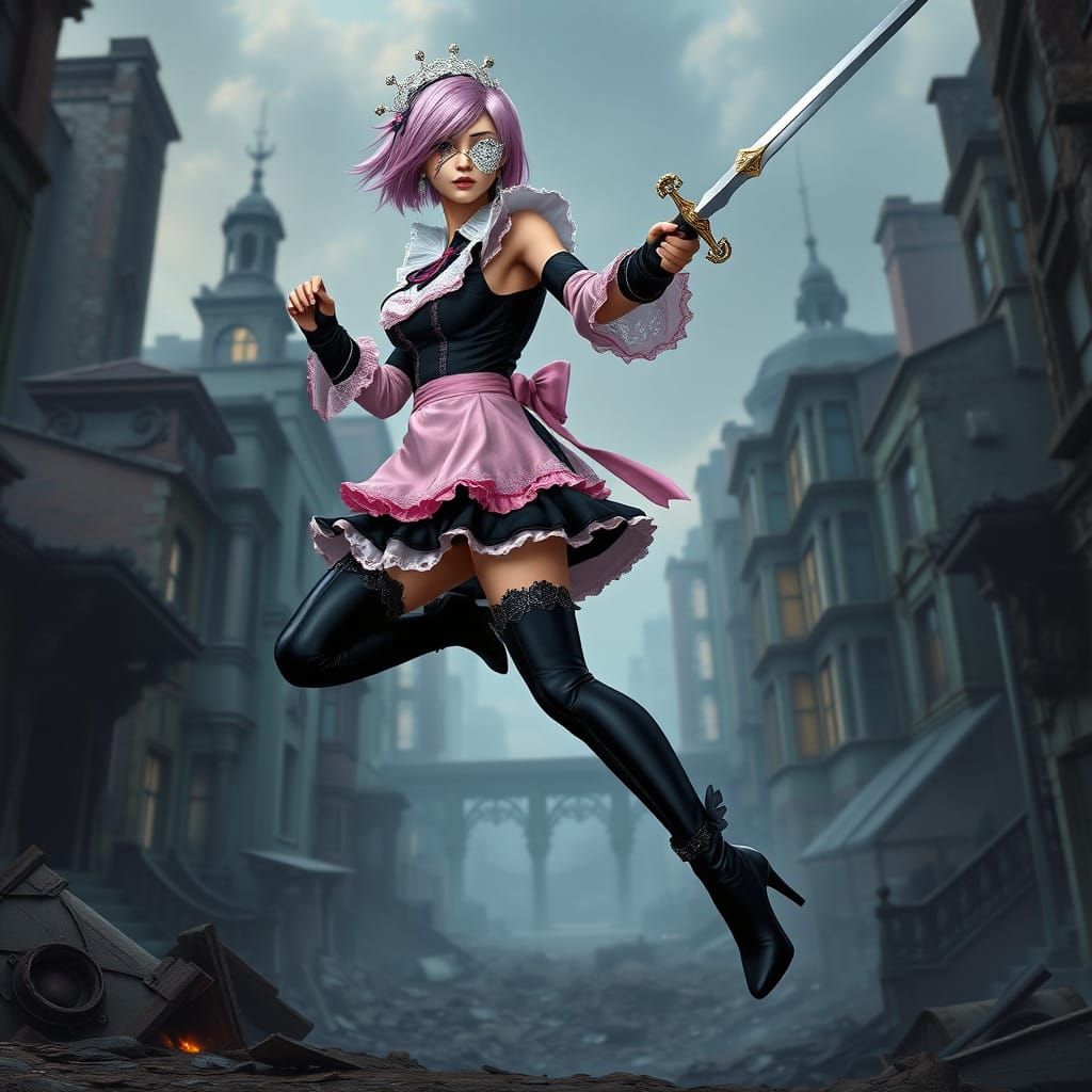 Sleek Maid Warrior Leaps into Battle in Vibrant Cityscape