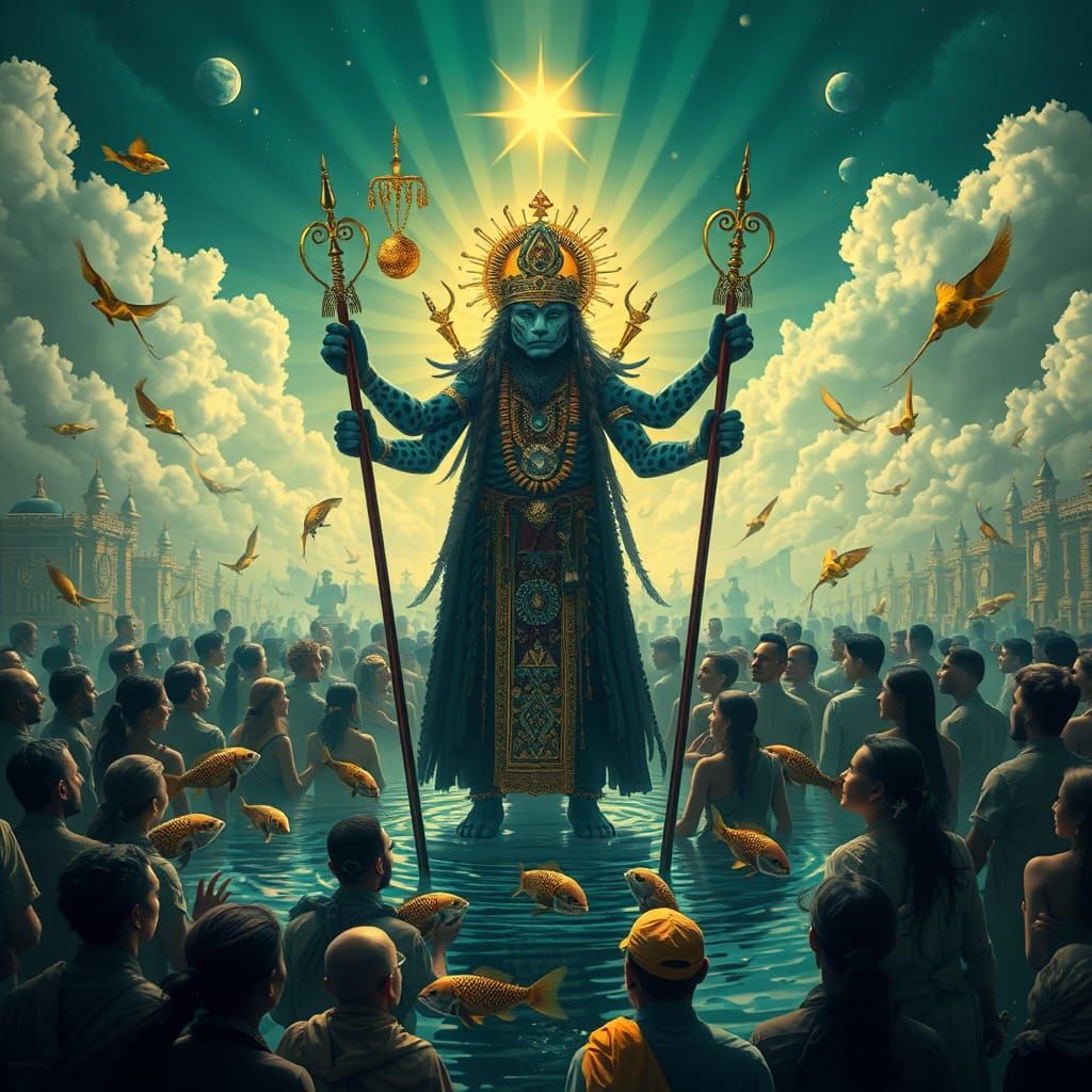 Surreal Leopard Shaman in Flooded City with Divine Light