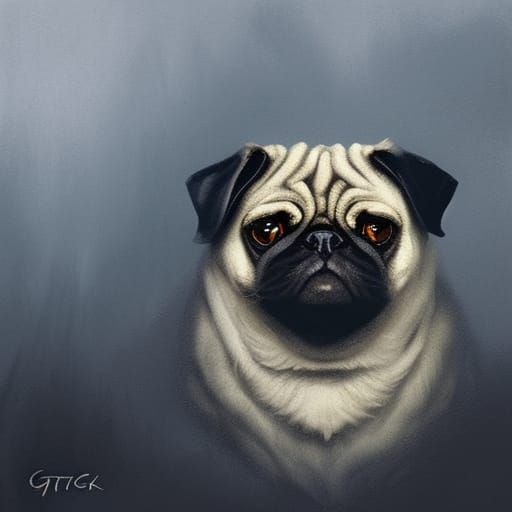 Sinister Black Pug Portrait in Fantasy Art Style