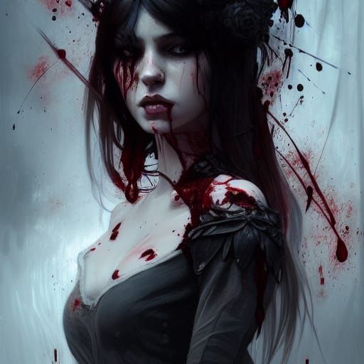 Gothic Girl Blood Portrait in Art Nouveau Style