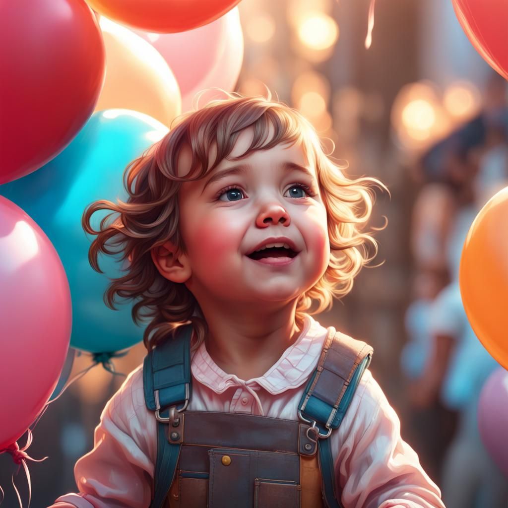 Excited Toddler Amused by Balloons: Hyperdetailed Portrait