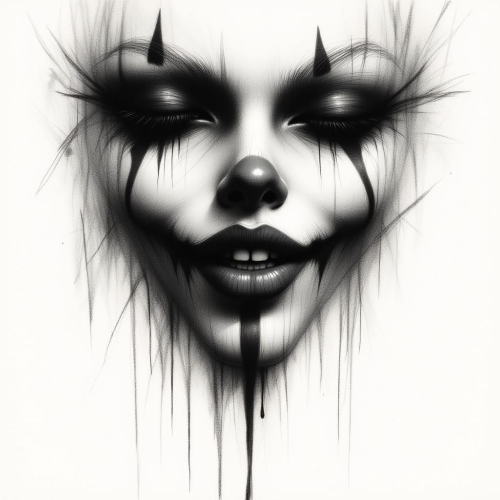 Haunting Clown Portrait in Charcoal Style