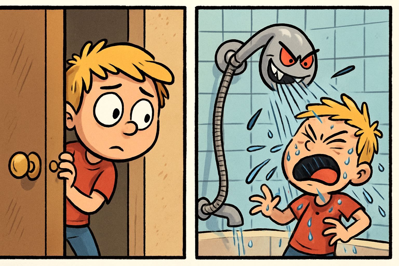 Boy Confronts Evil Shower in Funny Comic