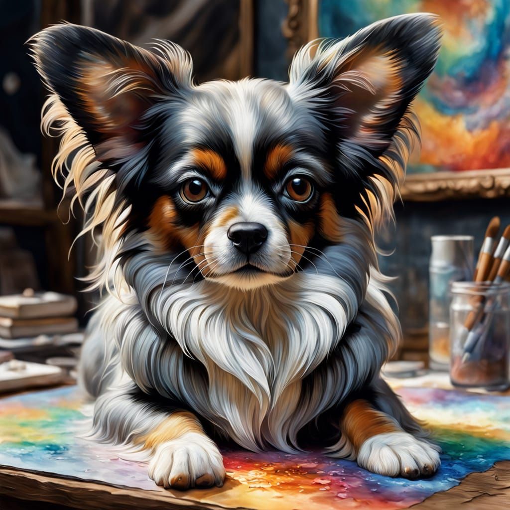Colorful Papillon Dog in Ethereal Gouache Charcoal Drawing
