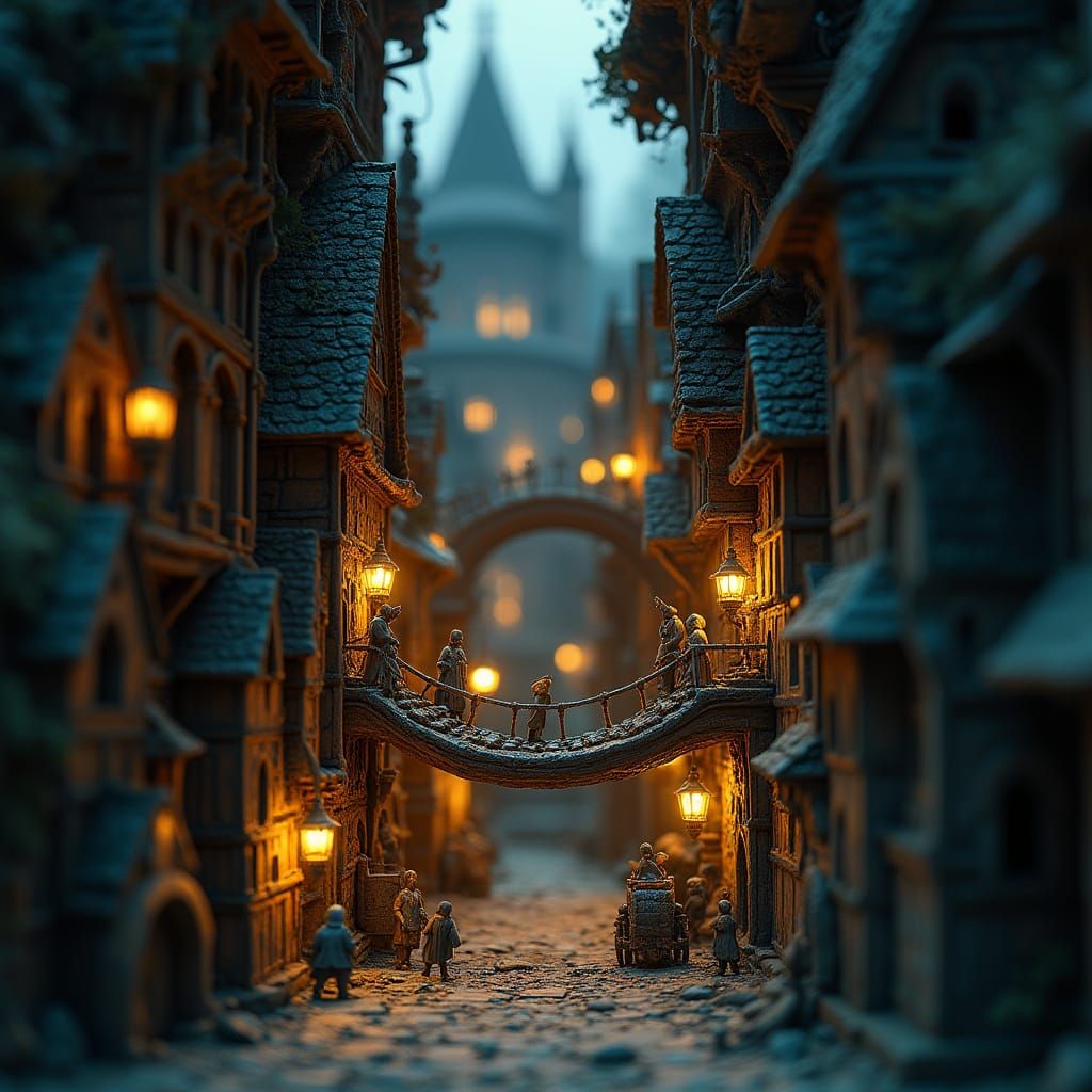Miniature City in Bookshelf, Matte Painting Style
