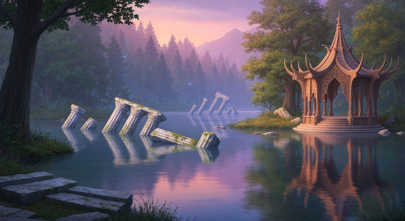 Fantasy Lake Reflection in Ancient Forest