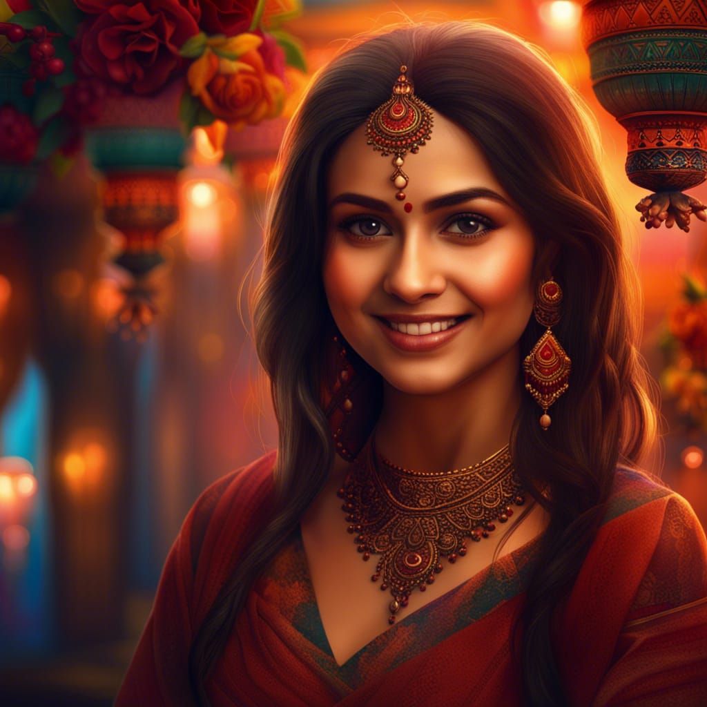 Beautiful Indian Woman with Floral Decorations and Lamps