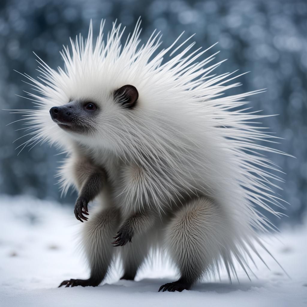 Icy Blue-White Porcupine Person Walking Upright