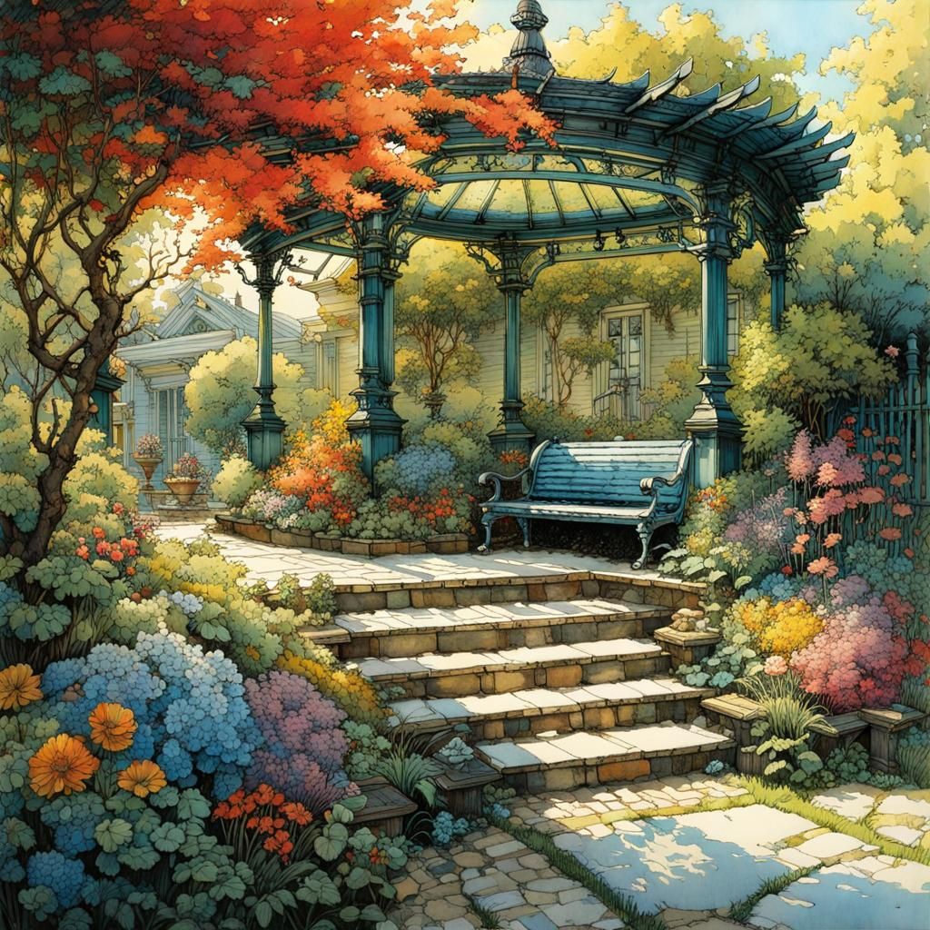 Victorian Garden in Sunlight: Maximalist Ink Drawing