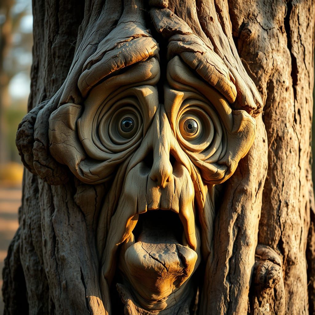 Tree Trunk with Whimsical, Surprised Face