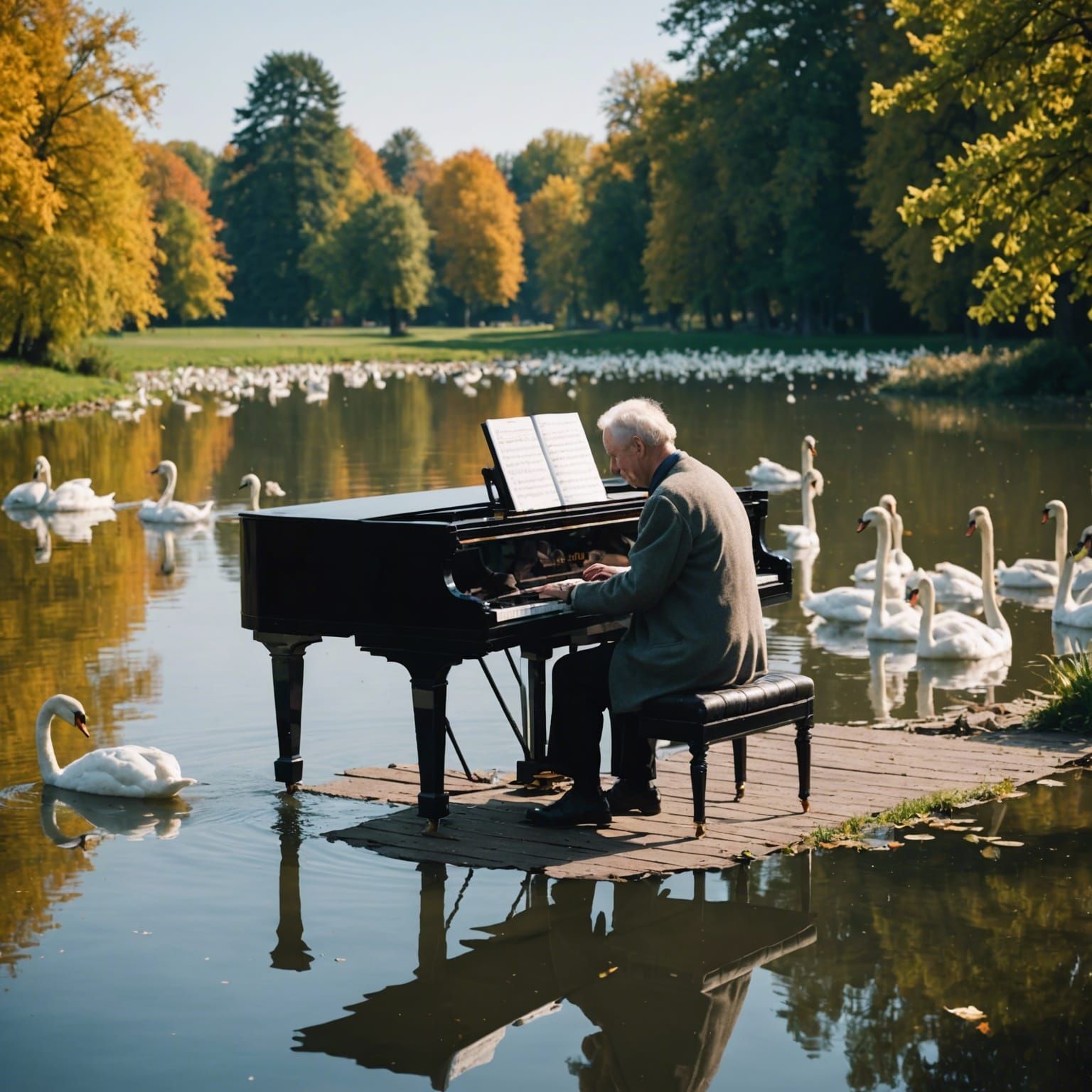 Piano Music Amidst Swans in a Tranquil Lake