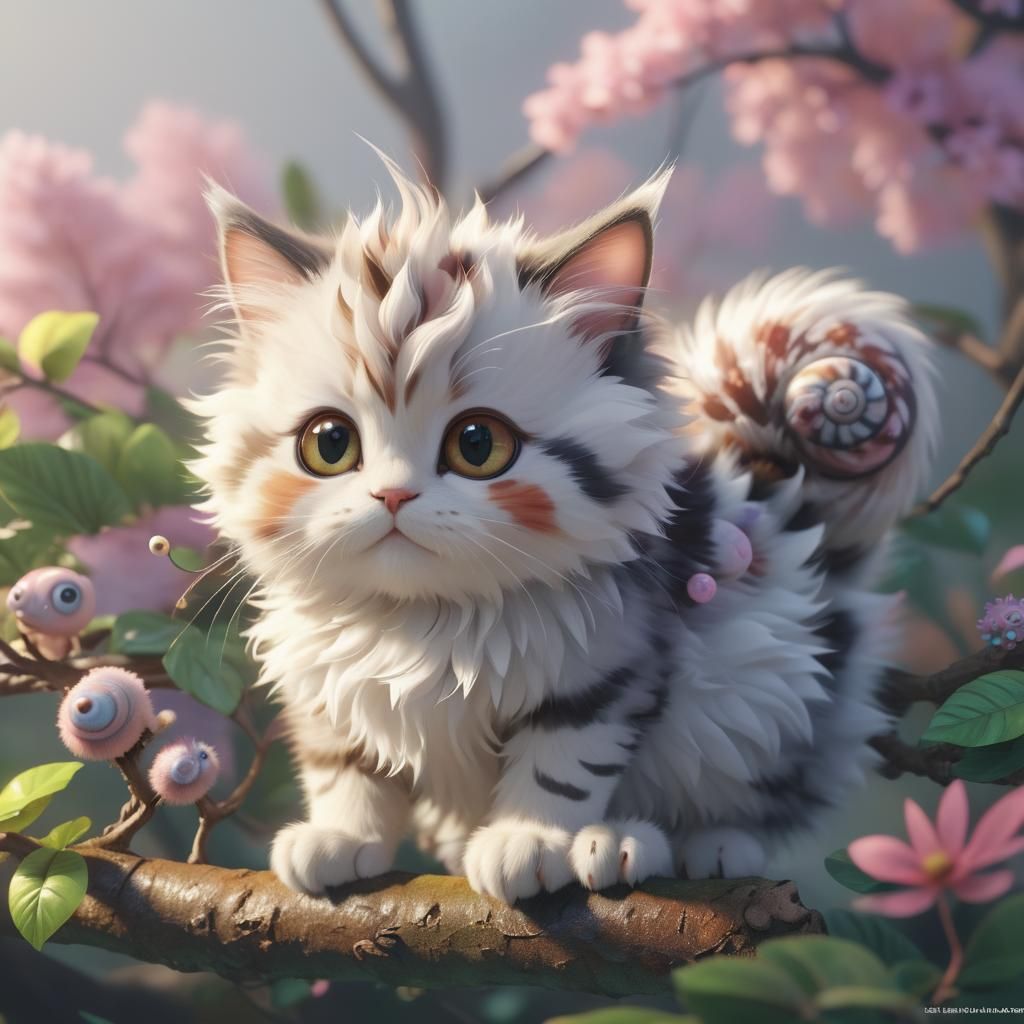 Fluffy Kitten Snail in Vibrant 3D Anime Art
