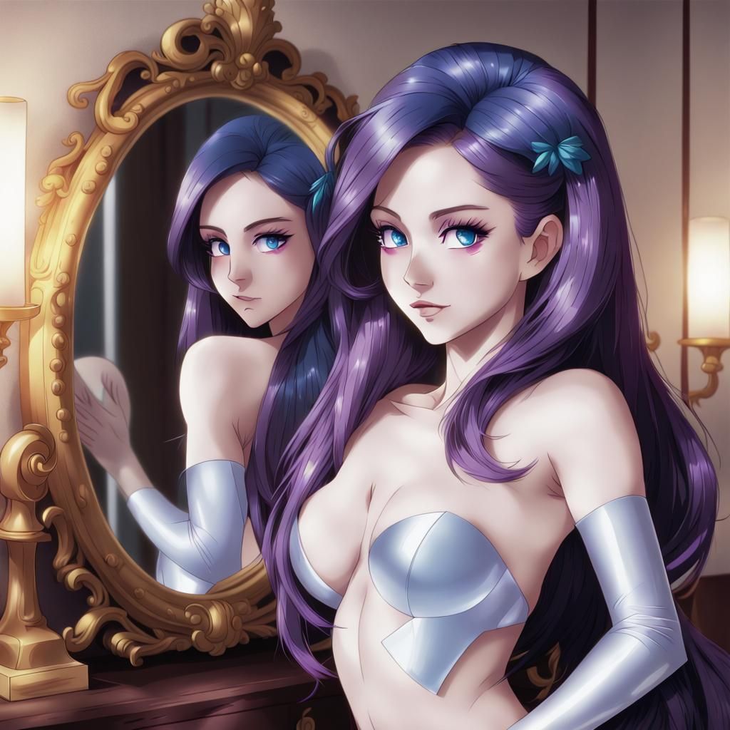 Anime Woman with Purple Hair Gazing in Mirror