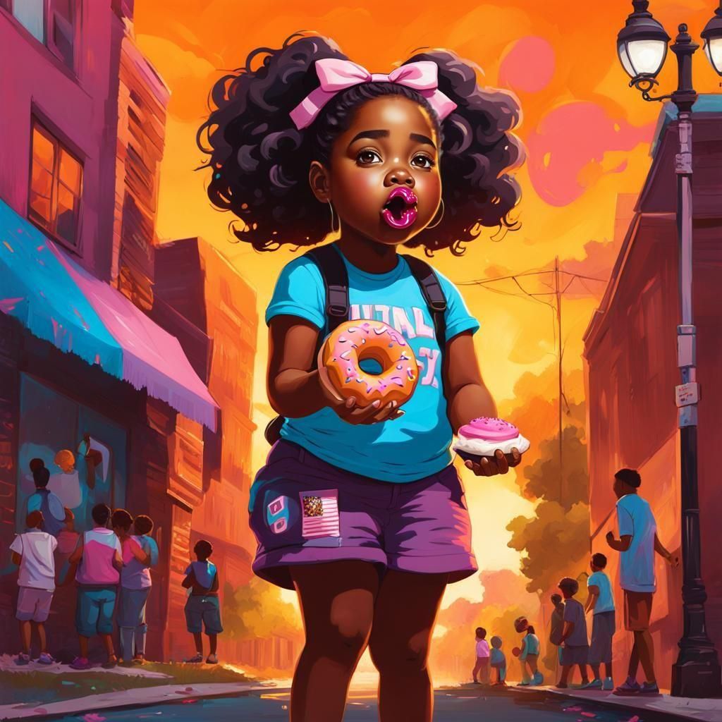Girl Eating Donut in Graffiti Street Art Style