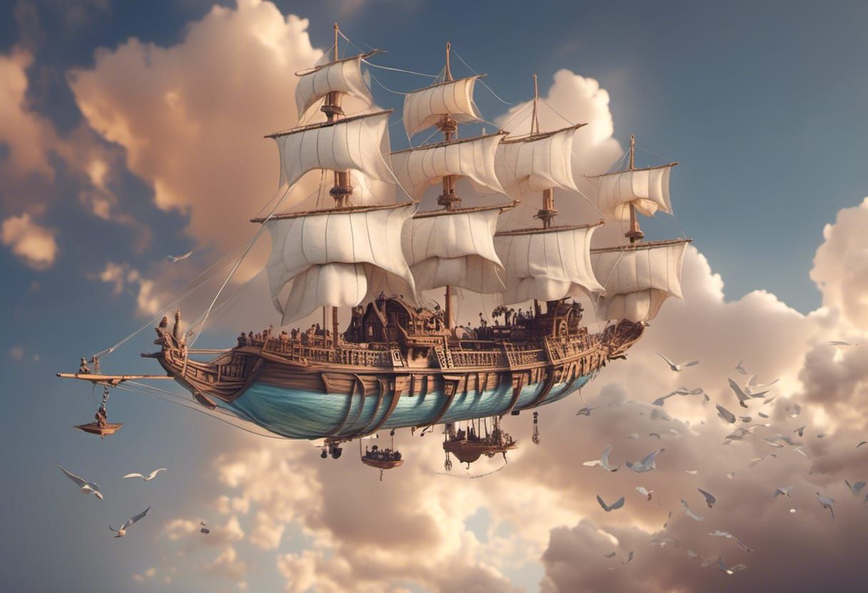 Elven Airship with Sails in Hyperreal Style