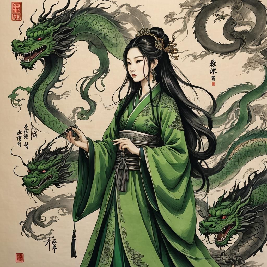Medieval Chinese Princess with Dragon in Pen and Ink