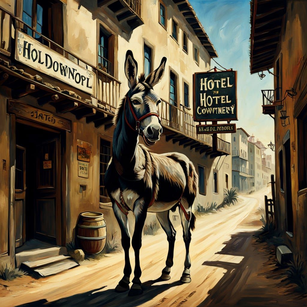 Renaissance Hotel with Donkey and Cowboy, Oil Painting