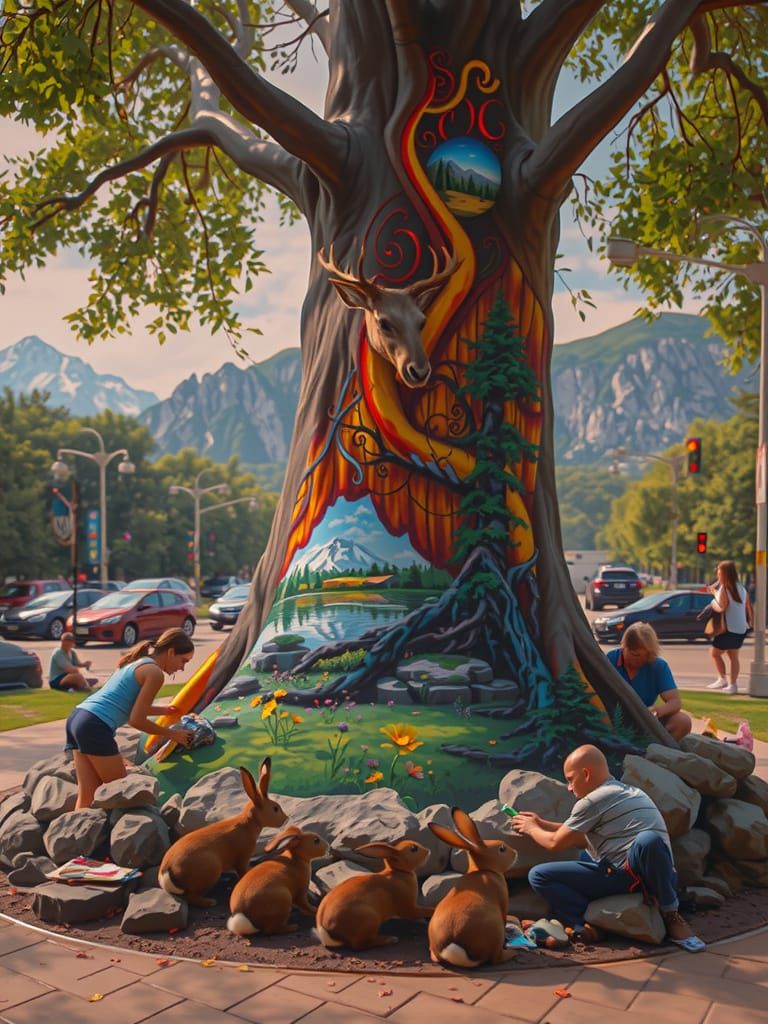 Ancient Tree in Urban Park Transports Viewer to Serene Mount...