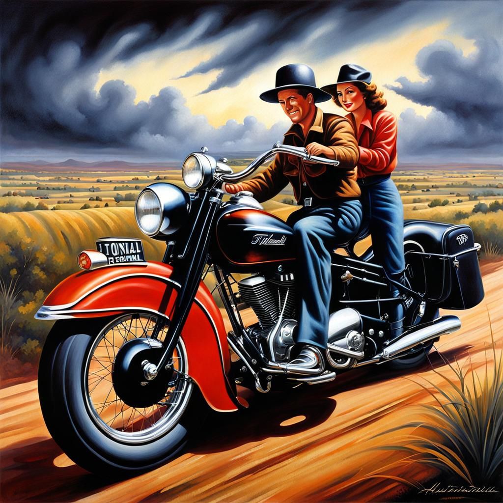 1940s Couple on Motorcycles: Australian Tonalism Airbrush Ar...