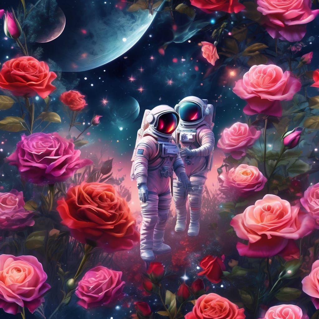 Astronauts Amidst Cosmic Roses in Surreal Space