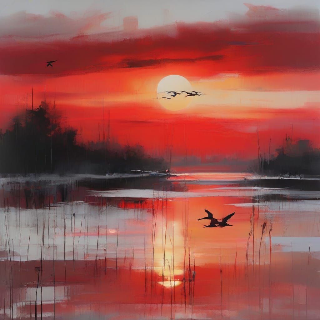 Monochromatic Red Sunset with Flying Ducks and Bullrushes