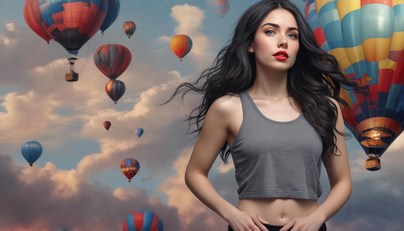 Woman with Balloons in Hyper-Realistic Splash Art