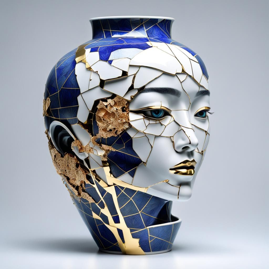 Cyborg and Vase Repaired with Futuristic Kintsugi