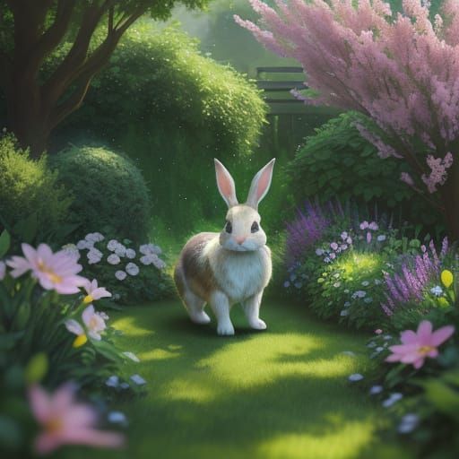 Photorealistic Bunny in Garden Digital Matte Painting