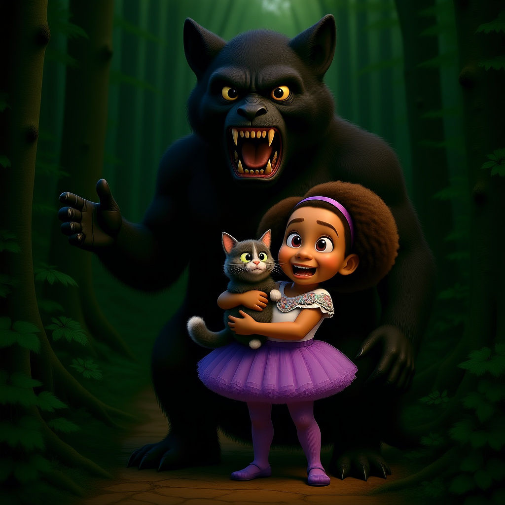 Black Girl, Cat, and Shadow Creature in Pixar Style