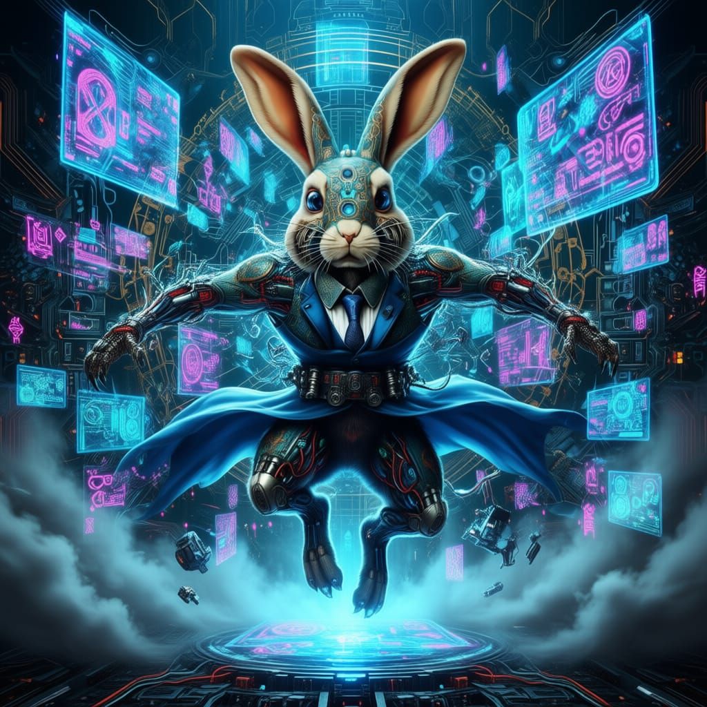 Demonic Techno Rabbit Detective in Cyberpunk Style