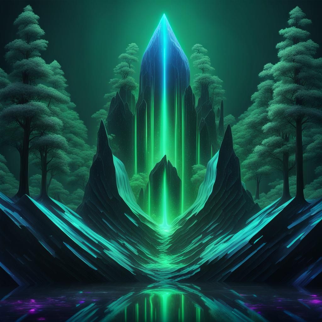 Blue Monolith in a Neon Crystal Forest