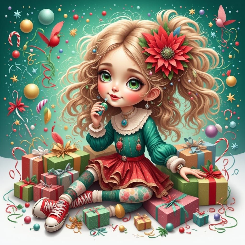 Whimsical Girl with Stardust Curls and Christmas Lights